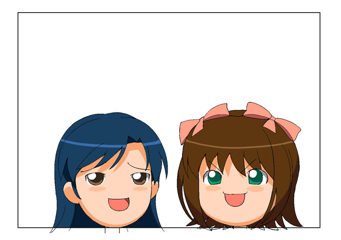 a1 (initial-g), amami haruka, kisaragi chihaya, idolmaster, idolmaster (classic), idolmaster 1, head, 00s, :d, blue hair, border, brown hair, disembodied head, green eyes, looking at viewer, no humans, open mouth, short hair, simple background, smile, white background, yukkuri shiteitte ne