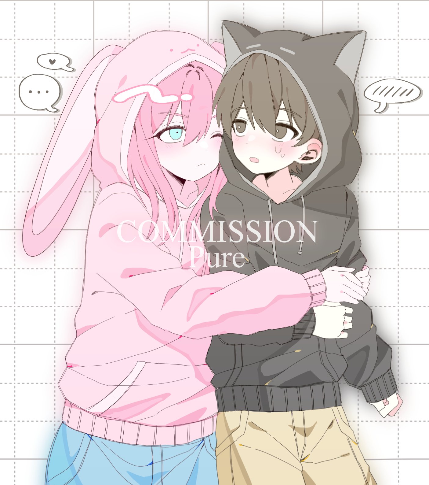 my loleeta, aubrey (faraway) (omori), aubrey (omori), sunny (omori), omori, commission, hashtag-only commentary, highres, …, 1boy, 1girl, ;(, alternate costume, animal hood, aqua eyes, black eyes, black hair, black hoodie, blue pants, blush, bright pupils, brown pants, cat hood, closed mouth, collarbone, cowboy shot, denim, double-parted bangs, drawstring, eye contact, grid background, hair between eyes, hair over shoulder, heart, hood, hood up, hoodie, hug, hug from behind, jeans, long hair, long sleeves, looking at another, looking back, open mouth, pants, pink hair, pink hoodie, pocket, puffy long sleeves, puffy sleeves, rabbit hood, short hair, simple background, spoken blush, spoken ellipsis, spoken heart, standing, sweat, v-shaped eyebrows, watermark, white background, white pupils