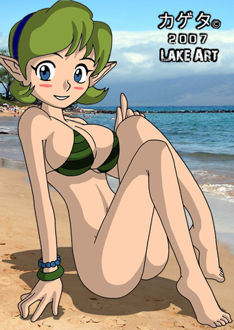kageta, lake art (artist), saria (zelda), nintendo, the legend of zelda, lowres, aged up, barefoot, beach, bikini, blue eyes, blush, bottomless, green hair, hairband, no panties, outdoors, pointy ears, swimsuit
