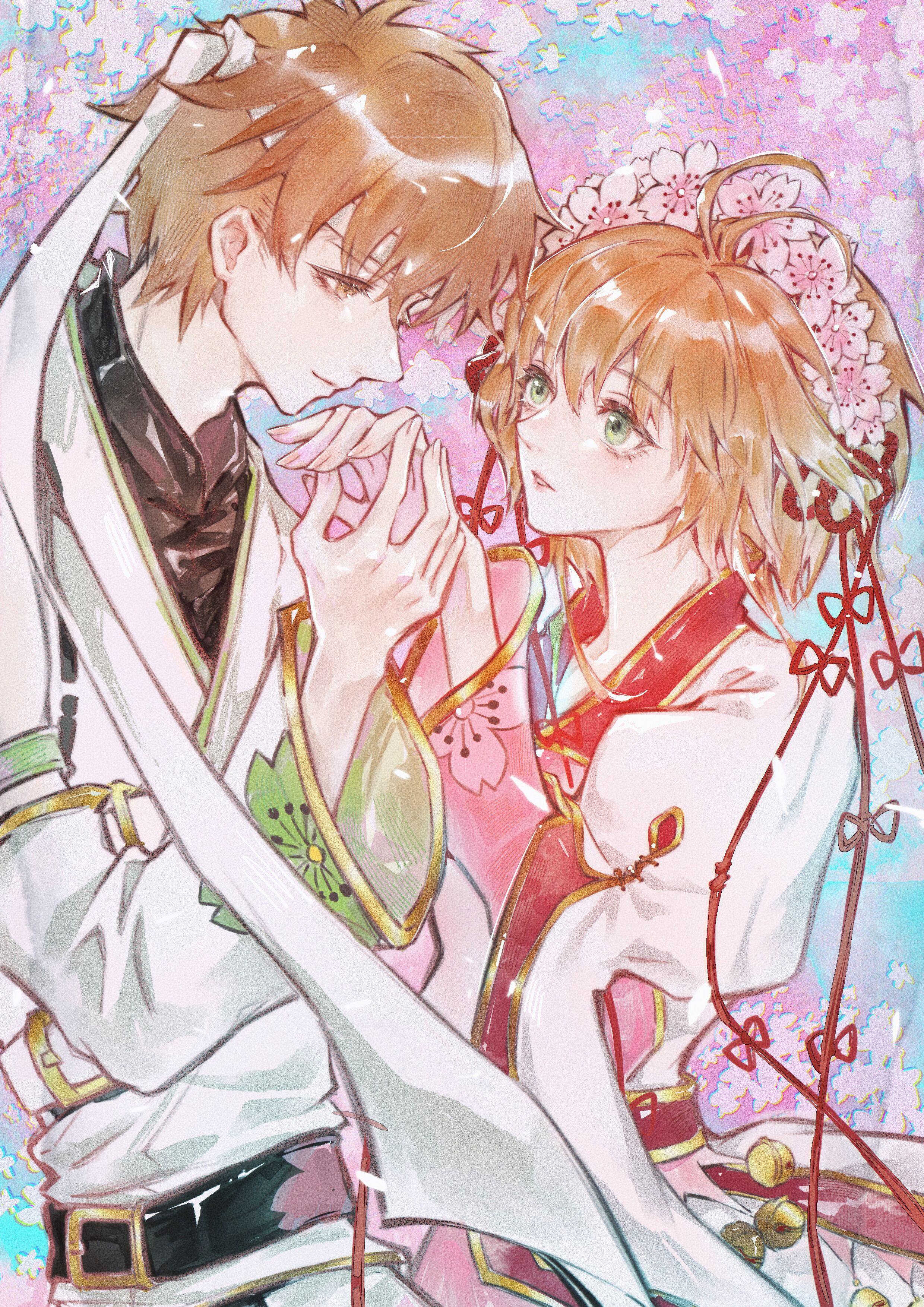 neko ye, kinomoto sakura, li syaoran, cardcaptor sakura, absurdres, highres, procreate (medium), 1boy, 1girl, antenna hair, bell, belt, belt buckle, black belt, black shirt, brown eyes, brown hair, buckle, cherry blossom print, cherry blossoms, chest belt, closed mouth, cowboy shot, day, expressionless, eye contact, eyelashes, floral print, flower, flower hairband, flower knot, green eyes, hair between eyes, hair ribbon, happy, headband, hetero, holding hands, imminent kiss, japanese clothes, juliet sleeves, kimono, kiss, kissing hand, layered sleeves, light smile, long sleeves, looking at another, magical boy, magical girl, nostrils, outdoors, pants, parted lips, pink flower, pink kimono, pointy nose, puffy sleeves, red ribbon, ribbon, shirt, short hair with long locks, short kimono, sidelocks, spring (season), tree, white belt, white headband, white kimono, white pants, white sleeves