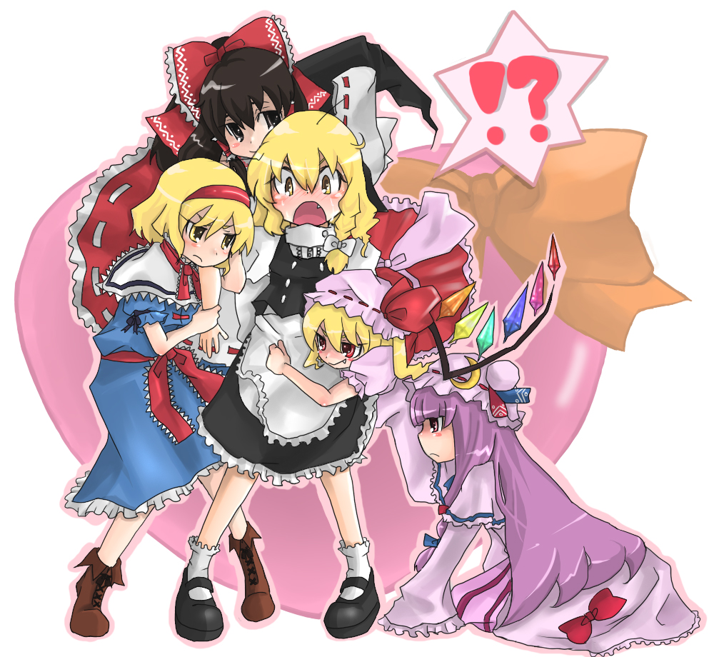 kamiya zuzu, alice margatroid, flandre scarlet, hakurei reimu, kirisame marisa, patchouli knowledge, touhou, bad id, bad pixiv id, !?, 5girls, blonde hair, blush, fang, female focus, harem, heart, hug, multiple girls, no headwear, tears, wings