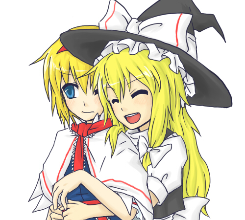 yomegane, alice margatroid, kirisame marisa, touhou, lowres, 2girls, blonde hair, blue eyes, blush, capelet, closed eyes, female focus, from behind, hair ribbon, hairband, happy, hat, hat ribbon, hug, hug from behind, long hair, multiple girls, open mouth, ribbon, short hair, shy, smile, wavy mouth, wince, witch, witch hat, yuri