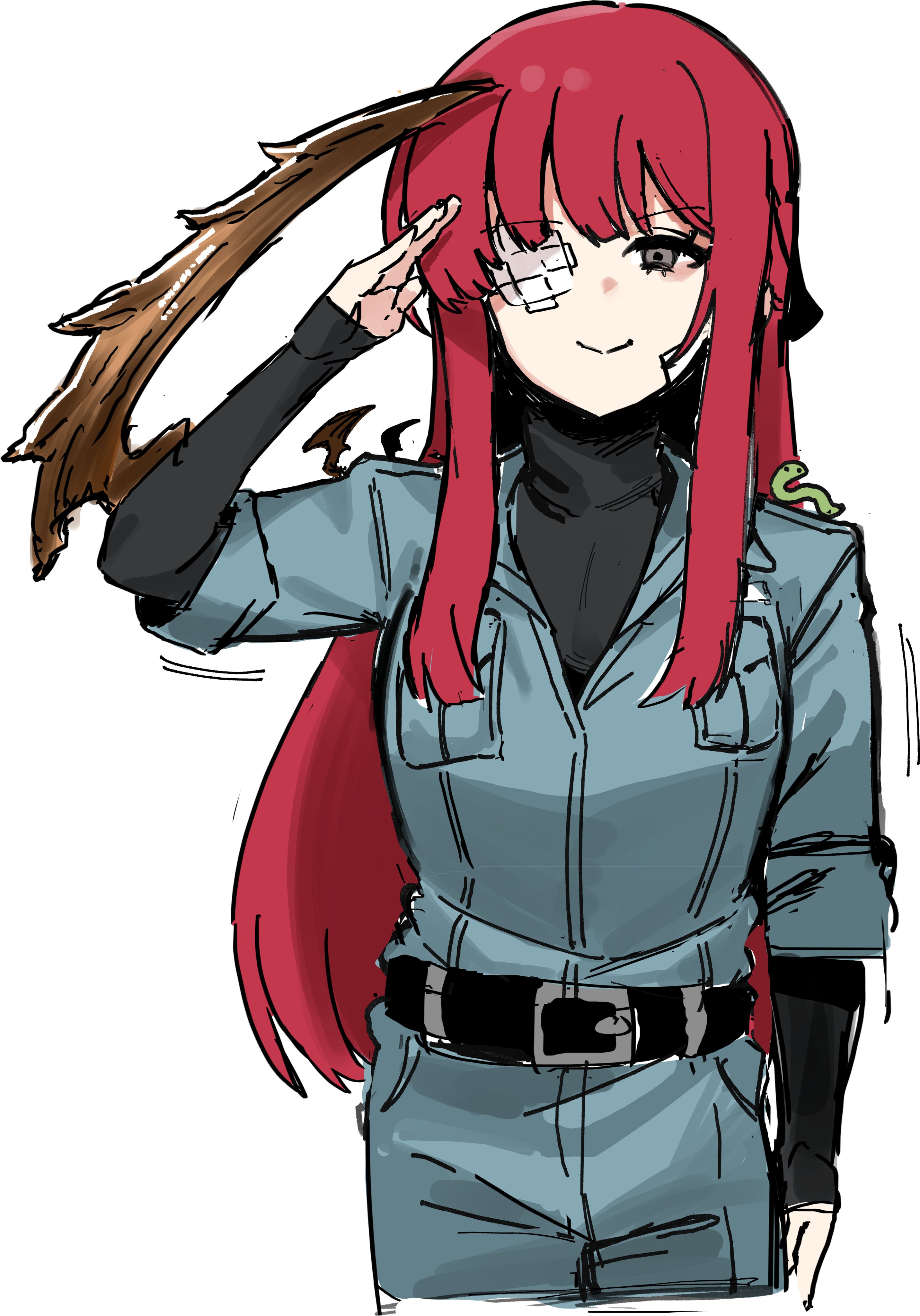 kim nyangpeon, yuri (project moon), limbus company, project moon, absurdres, highres, 1girl, animal, animal on shoulder, arm blade, bandaid on eye, belt, belt buckle, black belt, black shirt, blue jumpsuit, breast pocket, buckle, closed mouth, collared jumpsuit, cropped torso, dot nose, eyelashes, g corp. (identity) (project moon), grey eyes, happy, jumpsuit, layered sleeves, long hair, long sleeves, motion lines, pink hair, pocket, salute, shirt, short over long sleeves, short sleeves, sidelocks, simple background, sleeve cuffs, sleeves past wrists, smile, solo, straight hair, turtleneck, turtleneck shirt, very long hair, weapon, white background, worm