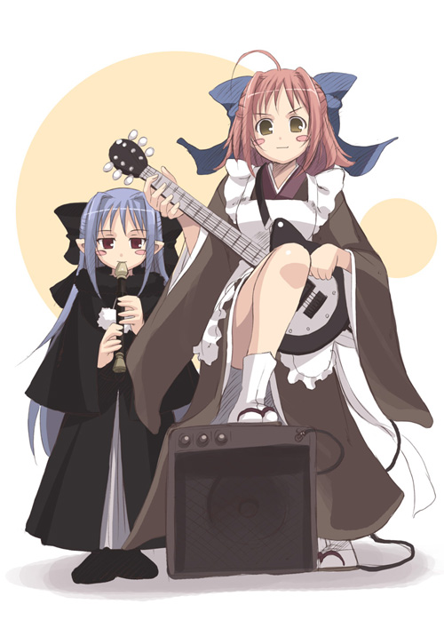 honda naoki, kohaku (tsukihime), len (tsukihime), tobitsuki, tsukihime, 00s, 2005, 2girls, ahoge, amplifier, apron, blue hair, blush, bow, dress, flute, guitar, hair bow, holding flute, holding instrument, instrument, japanese clothes, leg lift, long hair, maid, maid apron, multiple girls, pink hair, pointy ears, recorder, red eyes, sandals, short hair, socks, yellow eyes