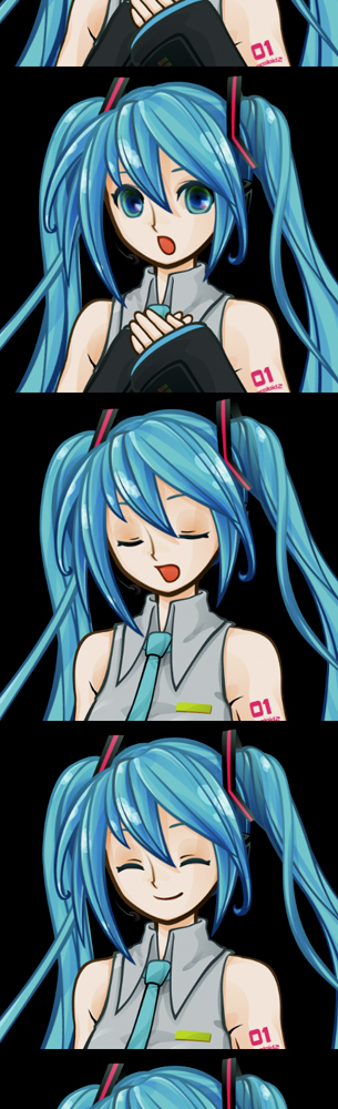uroko (mnr), hatsune miku, vocaloid, long image, tall image, 1girl, :o, black background, blue eyes, blue hair, closed eyes, detached sleeves, hair between eyes, hair ornament, long hair, long sleeves, looking at viewer, necktie, open mouth, simple background, twintails, very long hair