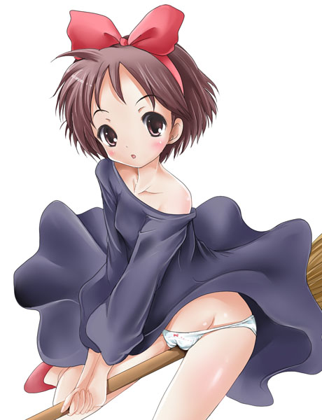 kiki (majo no takkyuubin), majo no takkyuubin, studio ghibli, 1980s (style), blush, bow, broom, broom riding, brown hair, cameltoe, hair bow, hairband, lowleg, lowleg panties, oldschool, panties, retro artstyle, solo, underwear, witch