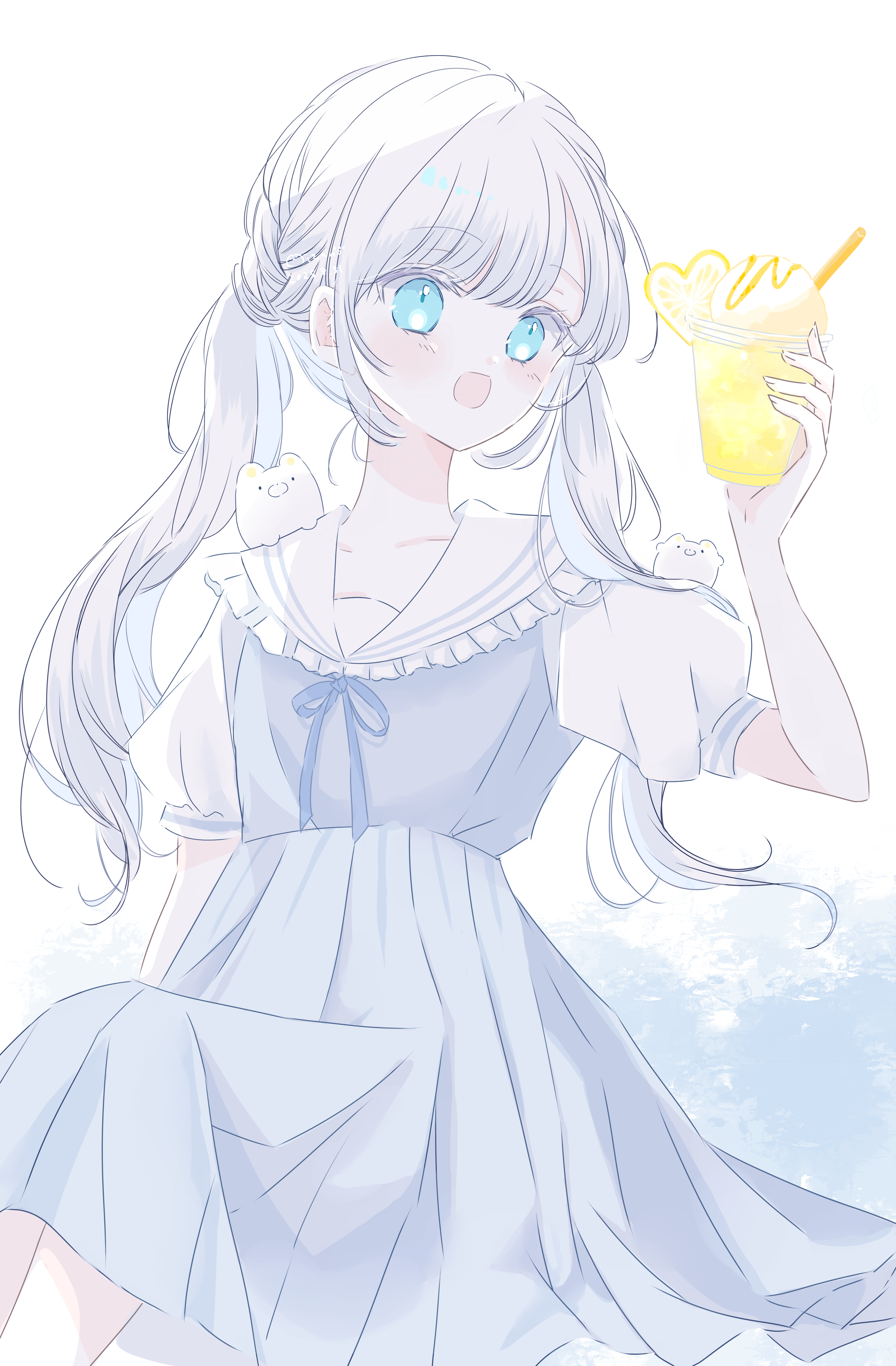 original, absurdres, highres, 1girl, :d, bendy straw, blue dress, blue eyes, blue ribbon, blush, cup, dress, drink, drinking straw, food, frilled sailor collar, frills, fruit, fuyori mofufu, grey hair, hand up, holding, holding cup, long hair, open mouth, pleated dress, puffy short sleeves, puffy sleeves, ribbon, sailor collar, sailor dress, short sleeves, sleeveless, sleeveless dress, smile, solo, twintails, white background, white sailor collar