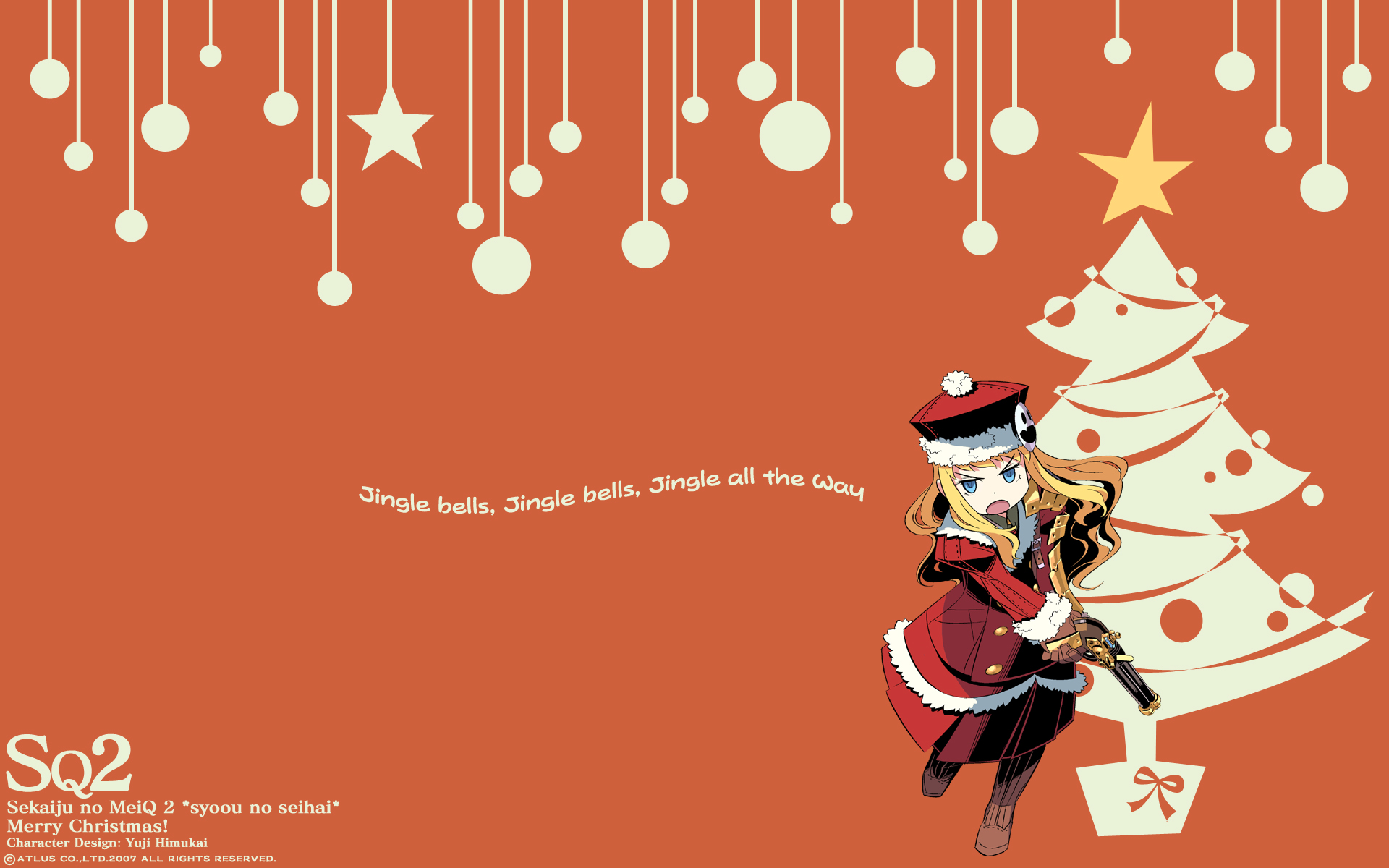 himukai yuuji, gunner (sekaiju), gunner 2 (sekaiju), jack frost (megami tensei), atlus, etrian odyssey, highres, official art, official wallpaper, blonde hair, christmas, game, gun, weapon