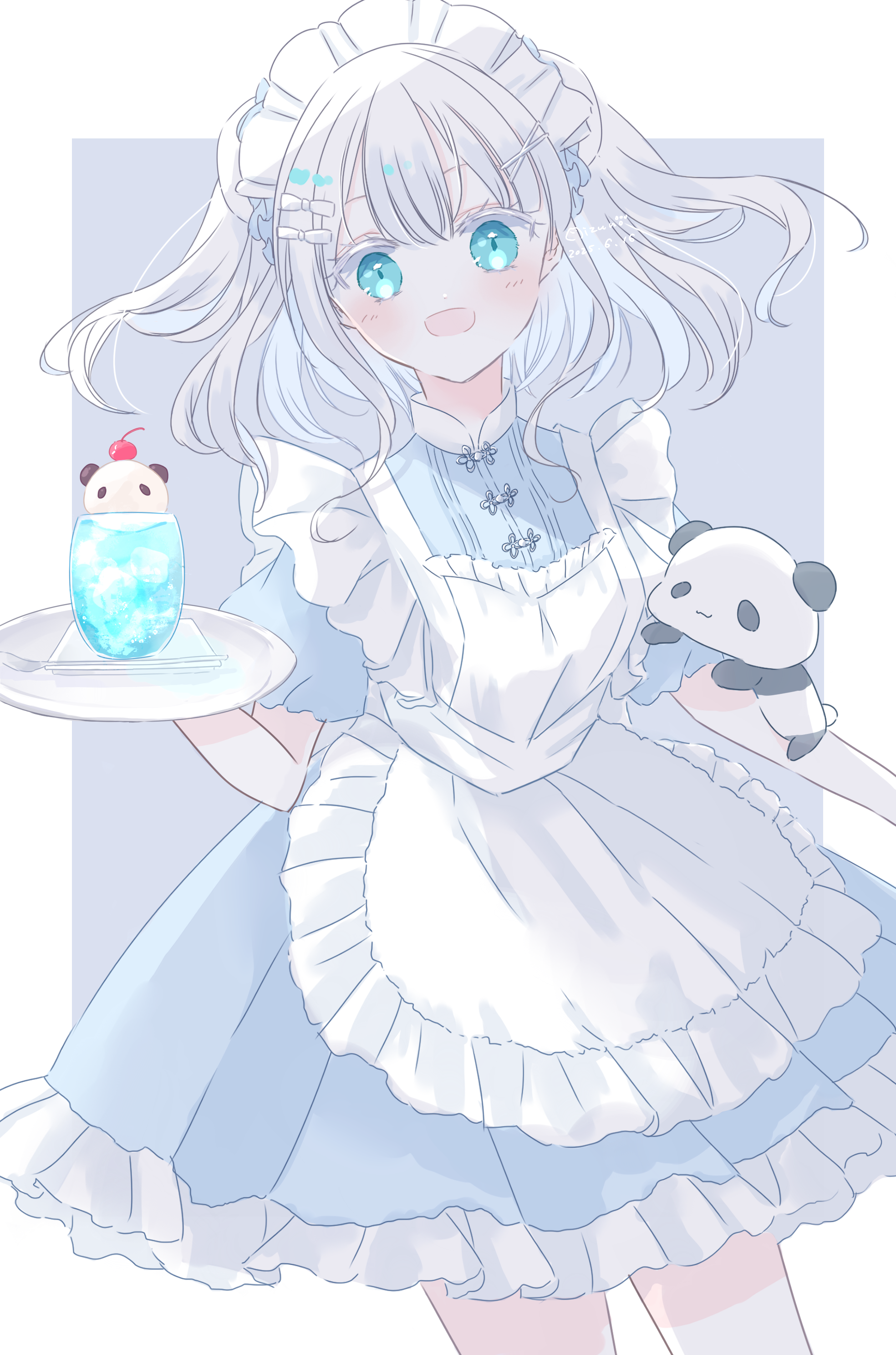 original, absurdres, highres, 1girl, :d, animal, apron, blue dress, blue eyes, blush, cherry, cup, dress, drinking glass, food, frilled apron, frilled dress, frills, fruit, fuyori mofufu, grey background, grey hair, hair ornament, holding, holding tray, ice cream, ice cream float, looking at viewer, maid, maid apron, open mouth, panda, puffy short sleeves, puffy sleeves, short sleeves, smile, solo, tray, twitter username, two-tone background, two side up, white apron, white background, white hair
