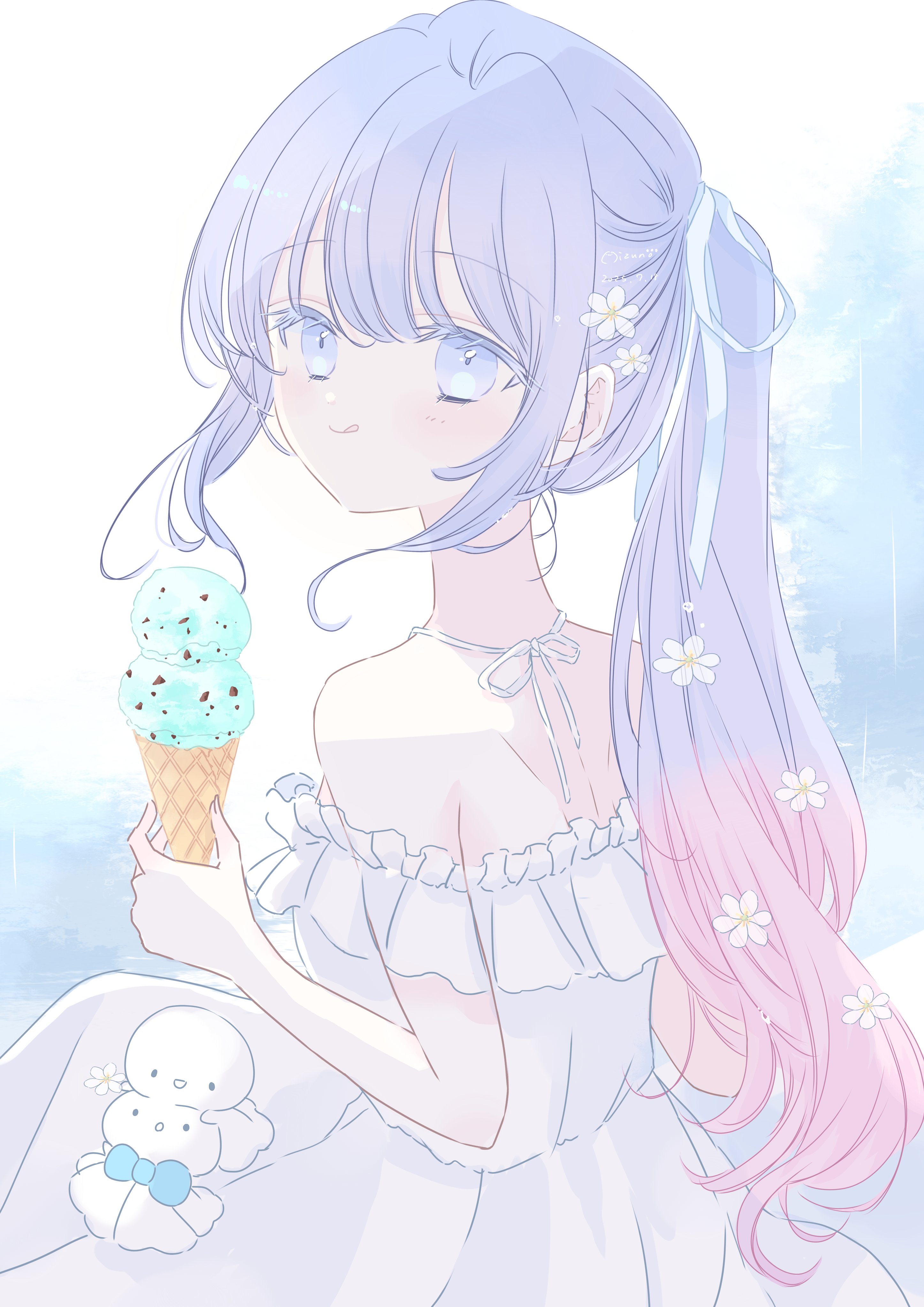 original, absurdres, highres, 1girl, :q, bare shoulders, blue eyes, closed mouth, dress, flower, food, frills, fuyori mofufu, gradient hair, hair flower, hair ornament, hair ribbon, holding, holding food, ice cream, ice cream cone, long hair, looking at viewer, multicolored hair, off-shoulder dress, off shoulder, pink hair, ponytail, ribbon, smile, solo, tongue, tongue out, white dress, white flower