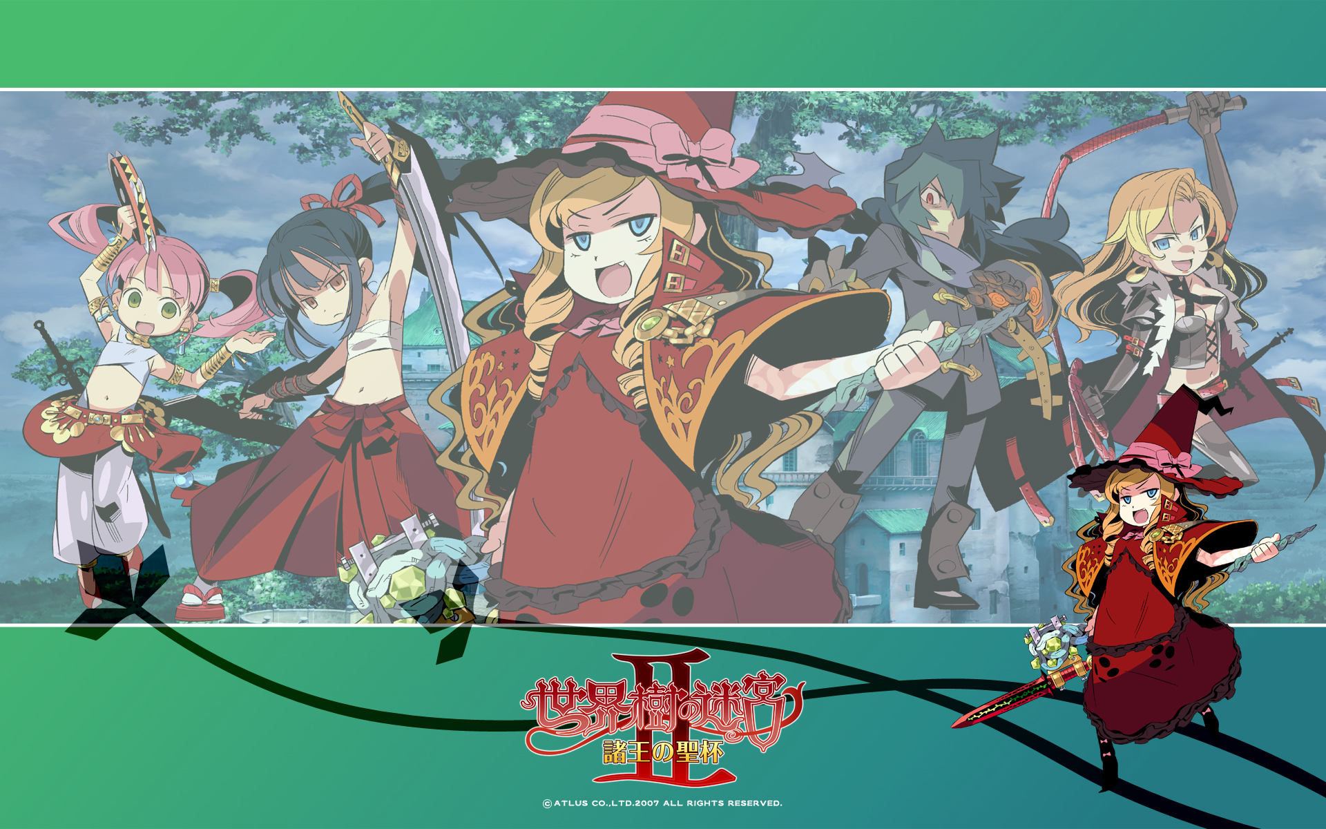 himukai yuuji, alchemist (sekaiju), alchemist 1 (sekaiju), bard (sekaiju), bard 2 (sekaiju), bushidou (sekaiju), bushidou 2 (sekaiju), dark hunter, dark hunter (sekaiju), dark hunter 2, doctor magus, doctor magus 4, atlus, etrian odyssey, sekaiju no meikyuu, sekaiju no meikyuu 2, annotated, highres, official art, official wallpaper, 4girls, :d, age difference, angry, arm up, armlet, armor, armpits, bare shoulders, belt, black hair, blonde hair, blue eyes, blue hair, blush, bow, breasts, capelet, cleavage, cloud, corset, crop top, dress, drill hair, dual wielding, fighting stance, flat chest, frills, frown, fur trim, game, gem, gradient background, green eyes, hair over one eye, hair ribbon, hakama, hakama skirt, hat, holding, i put on my wizard hat, instrument, jacket, japanese clothes, jewelry, letterboxed, lineup, long hair, looking at viewer, medium breasts, midriff, multiple girls, naughty face, navel, no shirt, open clothes, open jacket, open mouth, outdoors, pants, pink bow, pink hair, ponytail, red eyes, red hakama, ribbon, samurai, sandals, sarashi, sarong, scarf, see-through clothes, sheath, sidelocks, skirt, sky, smile, socks, spread legs, staff, standing, swept bangs, sword, tabi, tambourine, thighhighs, twin drills, twintails, very long hair, wavy hair, weapon, whip, witch hat, yellow eyes