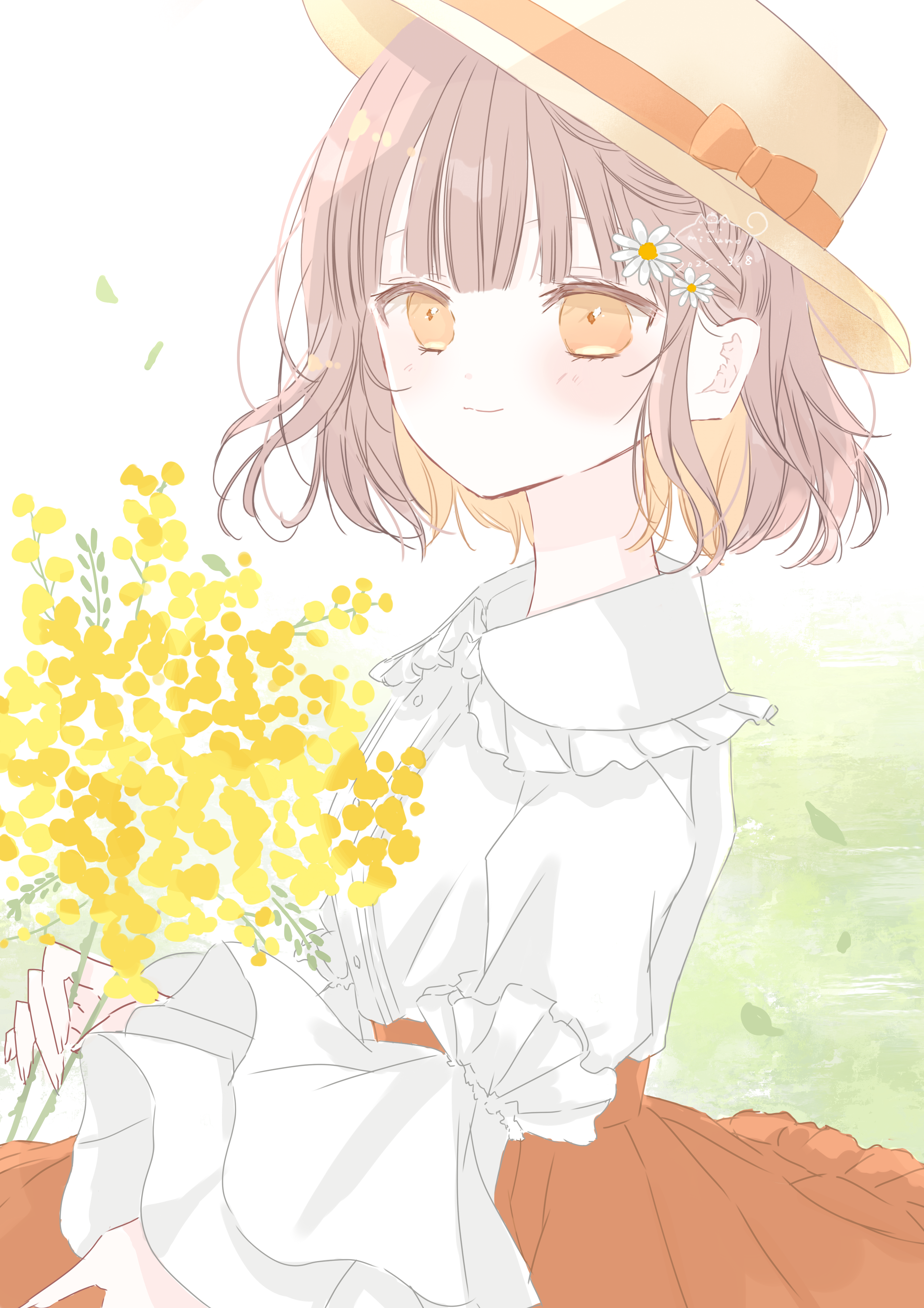 original, absurdres, highres, 1girl, blush, bow, brown hair, closed mouth, flower, frilled shirt collar, frills, fuyori mofufu, hair flower, hair ornament, hat, hat bow, holding, holding flower, long sleeves, looking at viewer, orange eyes, shirt, short hair, skirt, smile, solo, upper body, white flower, white shirt, yellow flower
