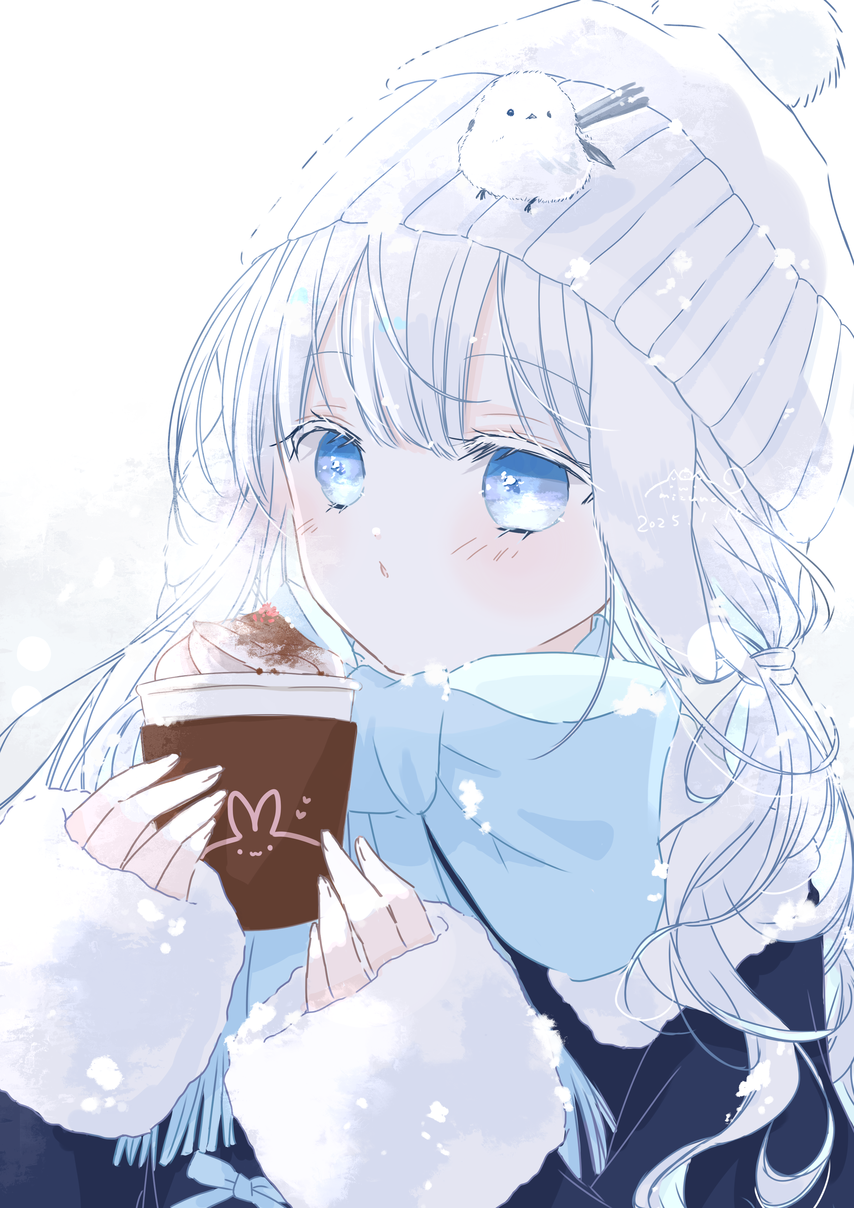 original, absurdres, highres, 1girl, beanie, blowing, blue bow, blue bowtie, blue eyes, blush, bow, bowtie, cup, dated, disposable cup, fur-trimmed sleeves, fur trim, fuyori mofufu, hat, holding, holding cup, long hair, long sleeves, signature, snowing, solo, twintails, upper body, whipped cream, white background, white hair