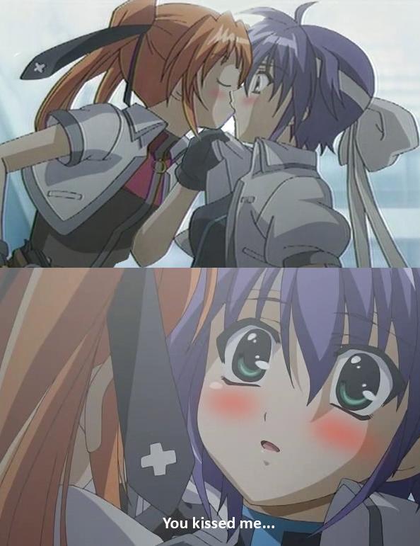 subaru nakajima, teana lanster, lyrical nanoha, mahou shoujo lyrical nanoha, mahou shoujo lyrical nanoha strikers, anime screenshot, third-party edit, 00s, 2girls, blush, comic, kiss, multiple girls, subtitled, yuri