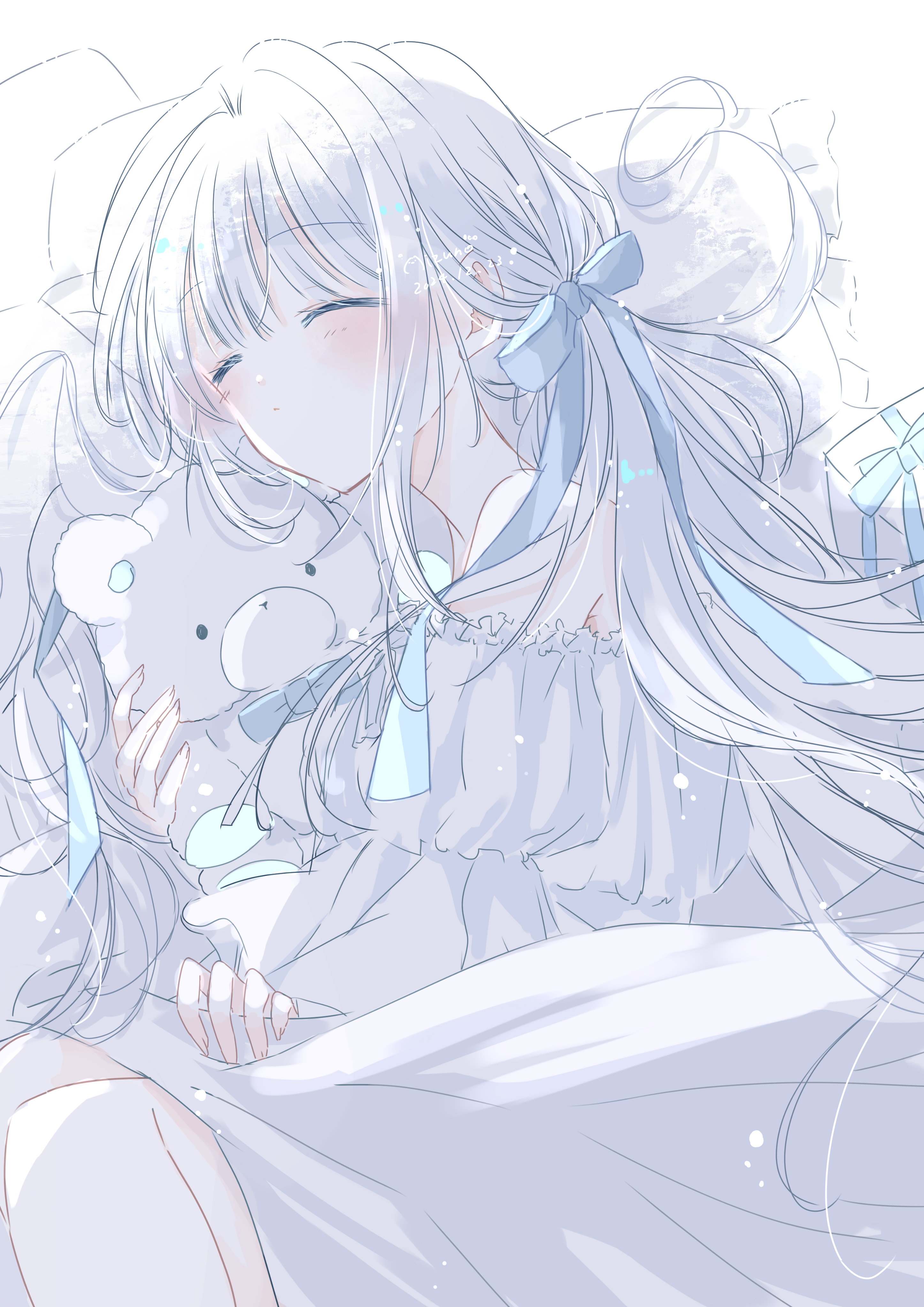 original, absurdres, highres, 1girl, bare shoulders, blue ribbon, blush, box, closed eyes, dress, fuyori mofufu, gift, hair ribbon, long hair, lying, off-shoulder dress, off shoulder, on side, ribbon, sleeping, solo, stuffed animal, stuffed toy, teddy bear, white hair, white theme