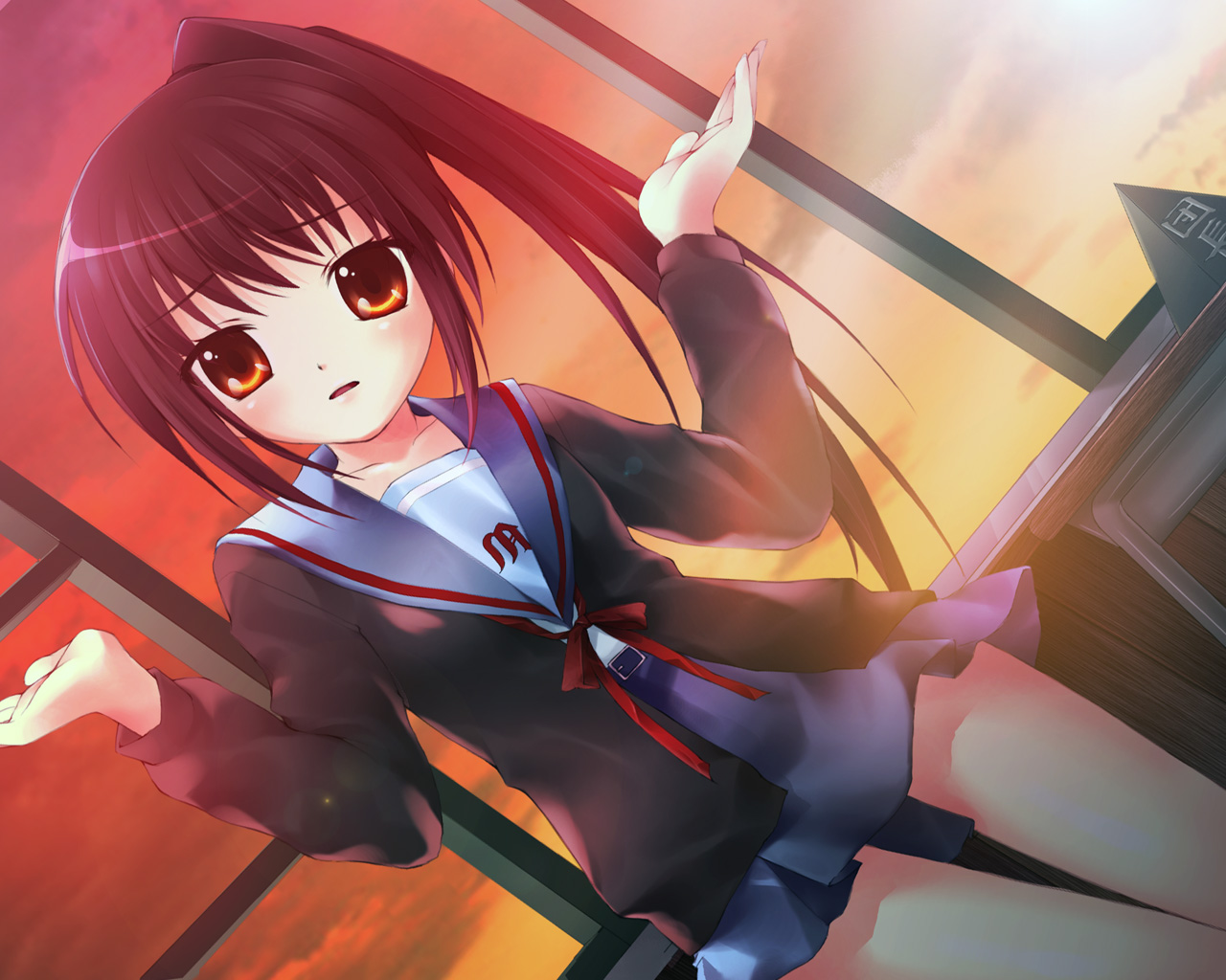 kimishima ao, kyon, kyonko, suzumiya haruhi no yuuutsu, 00s, 1girl, cardigan, female focus, genderswap, genderswap (mtf), indoors, long sleeves, ponytail, school uniform, serafuku, sky, solo