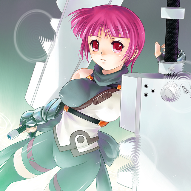 ayato, schach nouera, windenschaft, lyrical nanoha, mahou shoujo lyrical nanoha, mahou shoujo lyrical nanoha strikers, 00s, 1girl, asymmetrical clothes, black bodysuit, blunt bangs, blush, bodysuit, breasts, closed mouth, covered erect nipples, cowboy shot, dual wielding, dutch angle, female focus, frown, gauntlets, holding, huge weapon, large breasts, red eyes, short hair, skin tight, solo, standing, weapon