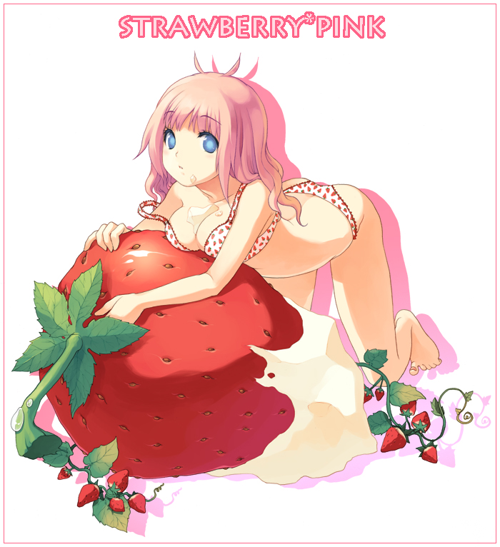 cuteg, barefoot, blue eyes, bra, food, fruit, lingerie, panties, pink hair, solo, strawberry, underwear, underwear only