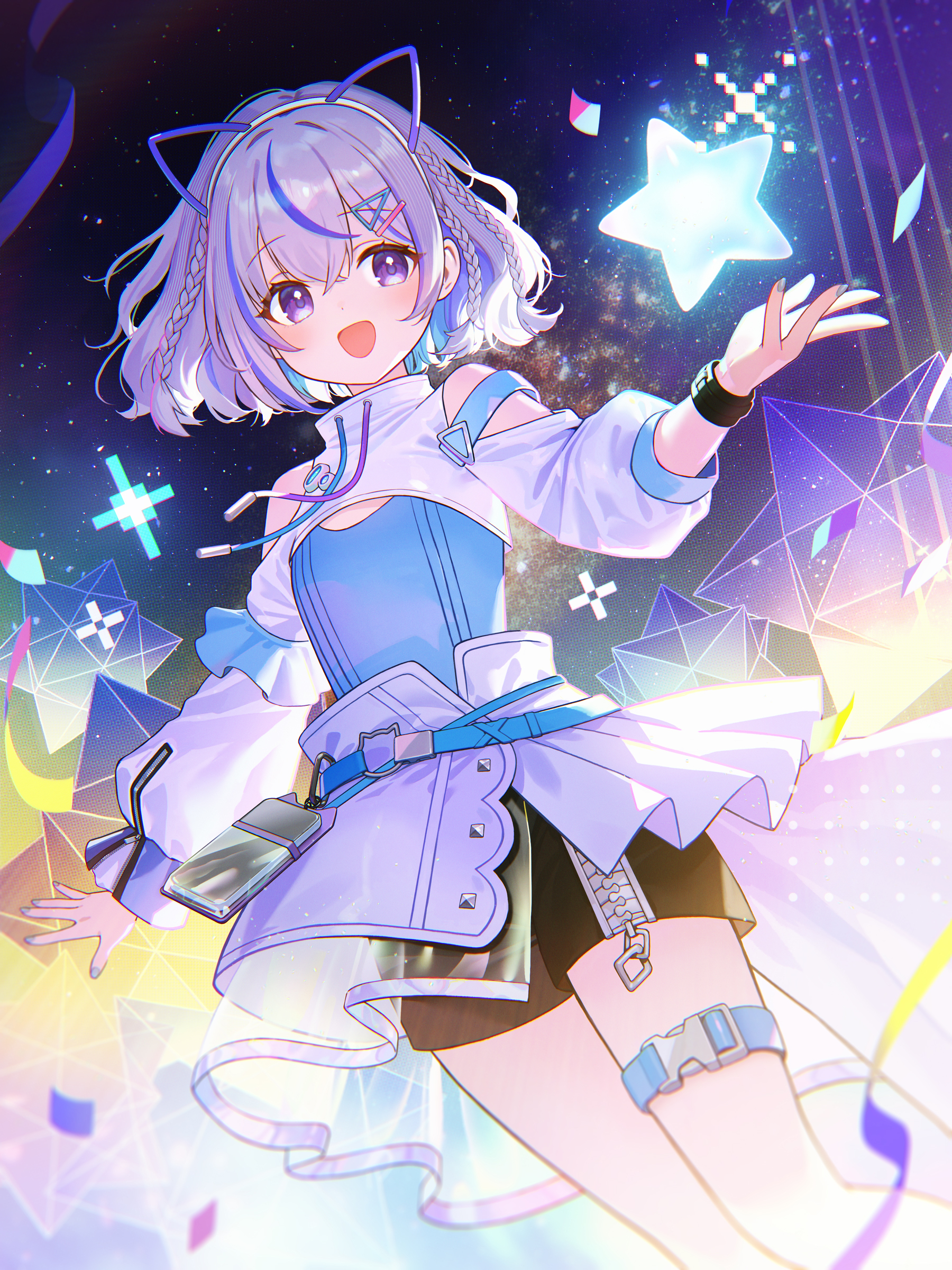 adelie cat, miria (iriam), iriam, absurdres, highres, 1girl, belt, black shorts, blue hair, blue shirt, braid, grey hair, hair ornament, long sleeves, looking at viewer, multicolored hair, open mouth, purple eyes, purple hair, shirt, short hair, shorts, shrug (clothing), skirt, smile, solo, star (sky), star (symbol), streaked hair, thigh strap, virtual youtuber, white skirt, wristband, x hair ornament