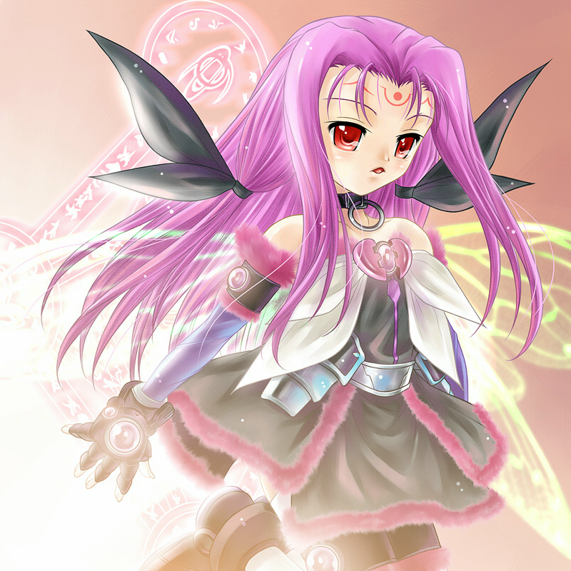 ayato, asclepius (nanoha), lutecia, lutecia alpine, lyrical nanoha, mahou shoujo lyrical nanoha, mahou shoujo lyrical nanoha strikers, beige background, 00s, 1girl, :o, belt, black dress, black gloves, blush, brooch, choker, cowboy shot, dress, elbow gloves, female focus, fingerless gloves, fur trim, gem, gloves, jewelry, kneeling, long hair, magic circle, parted lips, pink hair, red eyes, red thighhighs, simple background, solo, thighhighs, very long hair, zettai ryouiki