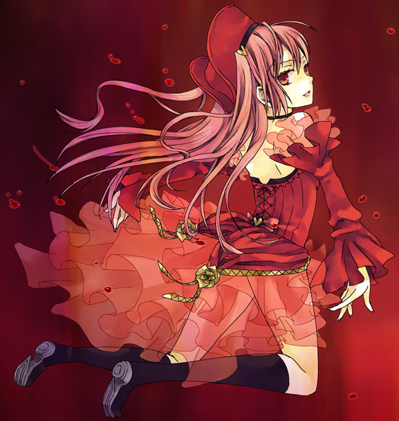 soysauce (pixiv47673), another blood, demonbane, bad id, bad pixiv id, 00s, black boots, boots, choker, hat, off shoulder, pink hair, red eyes, red hat, solo
