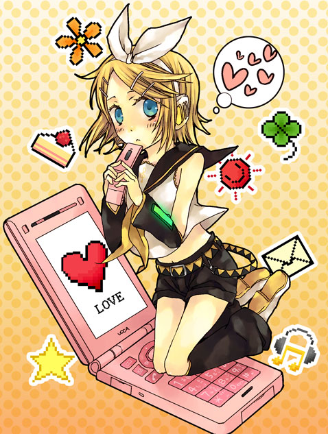 soysauce (pixiv47673), kagamine rin, vocaloid, bad id, bad pixiv id, blonde hair, blue eyes, cellphone, clover, hair ornament, hairpin, heart, phone, ribbon, solo, star (symbol)