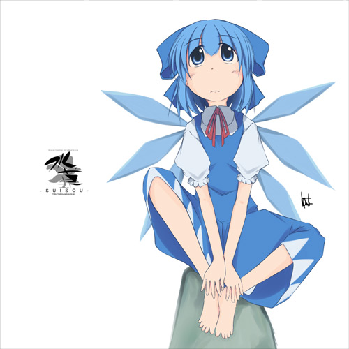 hoshino (mhoshi), cirno, embodiment of scarlet devil, touhou, bad id, bad pixiv id, lowres, 1girl, barefoot, blue eyes, blue hair, bow, feet, female focus, hair bow, looking up, matching hair/eyes, rock, short hair, sitting, solo, wings