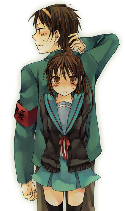 soysauce (pixiv47673), kyon, kyonko, suzumiya haruhi, suzumiya haruhiko, suzumiya haruhi no yuuutsu, bad id, bad pixiv id, 00s, 1boy, 1girl, back-to-back, genderswap, genderswap (ftm), genderswap (mtf), ponytail, school uniform, serafuku