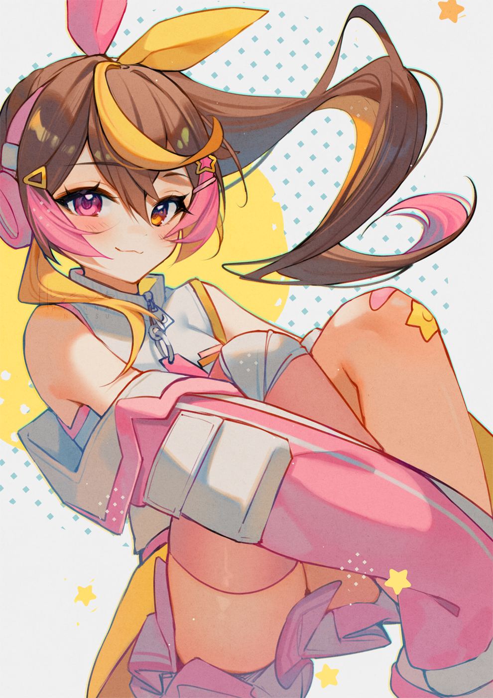 hyanna-natsu, original, clip studio paint (medium), commentary, commission, english commentary, highres, 1girl, :3, bandaid, bandaid on knee, bandaid on leg, bare shoulders, blonde hair, blush, brown hair, closed mouth, detached sleeves, eyelashes, hair ornament, hair ribbon, hairclip, headphones, heterochromia, long hair, multicolored hair, orange eyes, pink eyes, pink hair, ponytail, ribbon, smile, solo, star (symbol), star hair ornament, two-tone ribbon