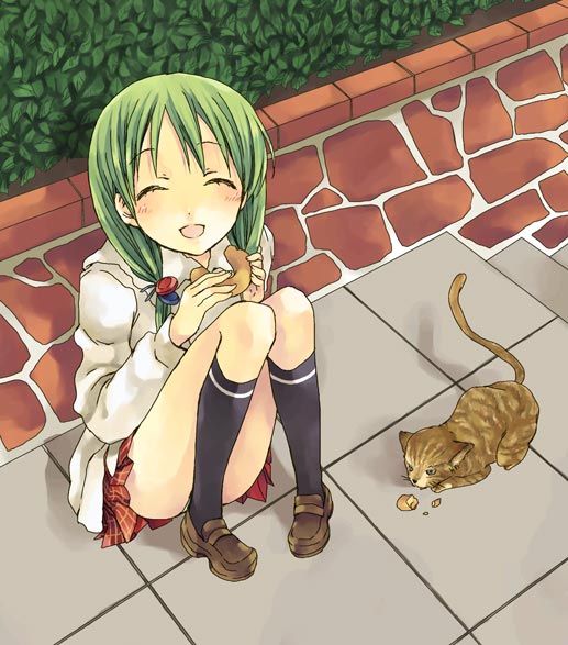 soysauce (pixiv47673), bad id, bad pixiv id, cat, closed eyes, crumbs, green hair, school uniform, serafuku, shoes, solo