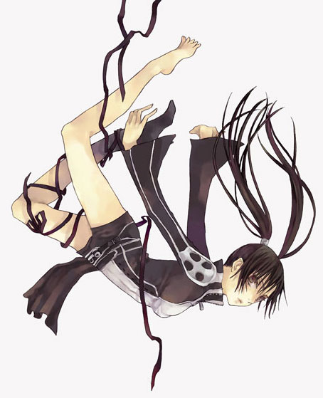soysauce (pixiv47673), lenalee lee, d.gray-man, bad id, bad pixiv id, 00s, 1girl, bare legs, barefoot, black hair, falling, female focus, full body, long hair, simple background, solo, toes, twintails, upside-down, white background
