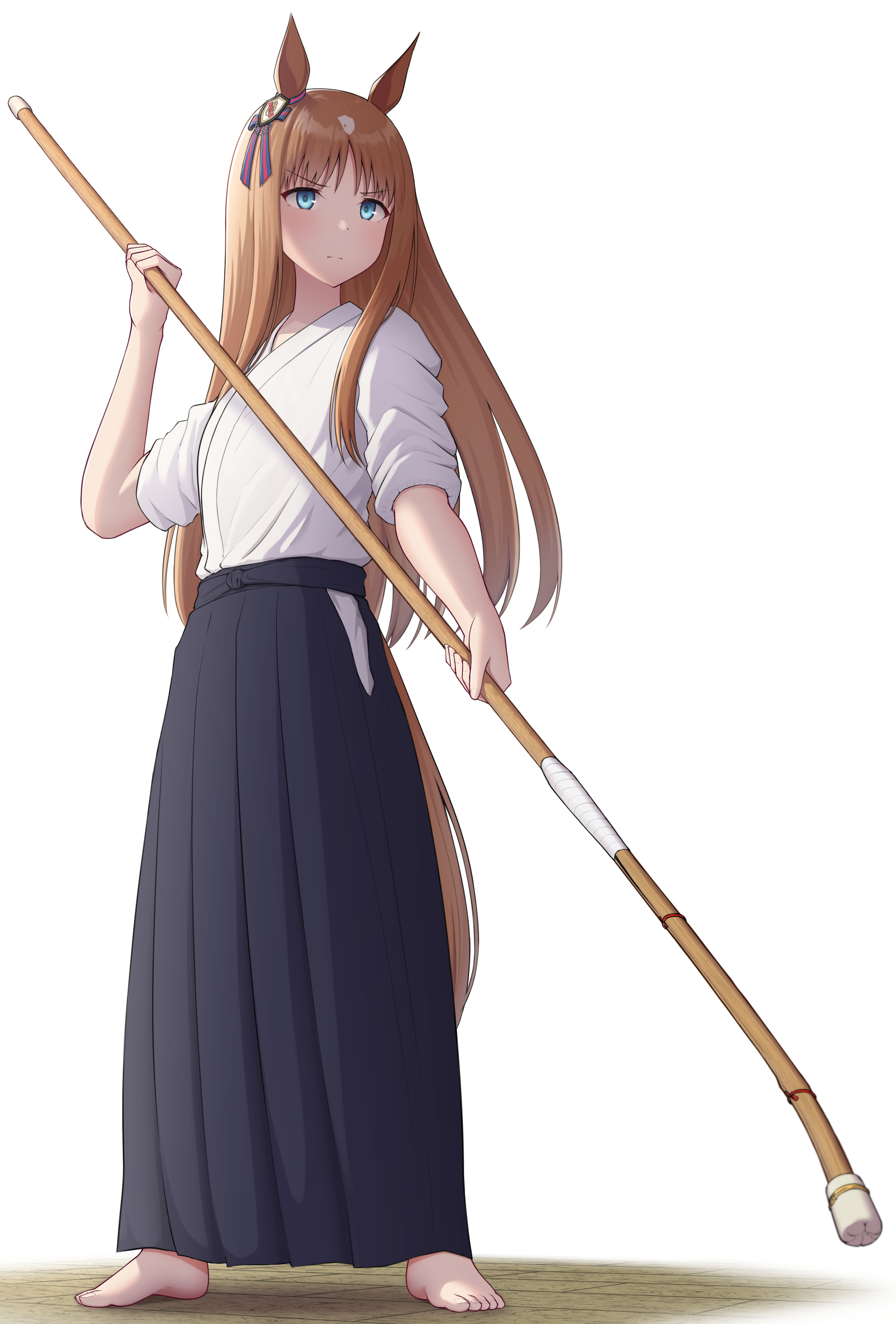 topgear, grass wonder (umamusume), umamusume, absurdres, highres, 1girl, alternate costume, animal ears, barefoot, black hakama, blue eyes, blush, closed mouth, hakama, holding, holding pole, horse ears, horse girl, horse tail, japanese clothes, kimono, long hair, pole, sidelocks, solo, tail, white kimono