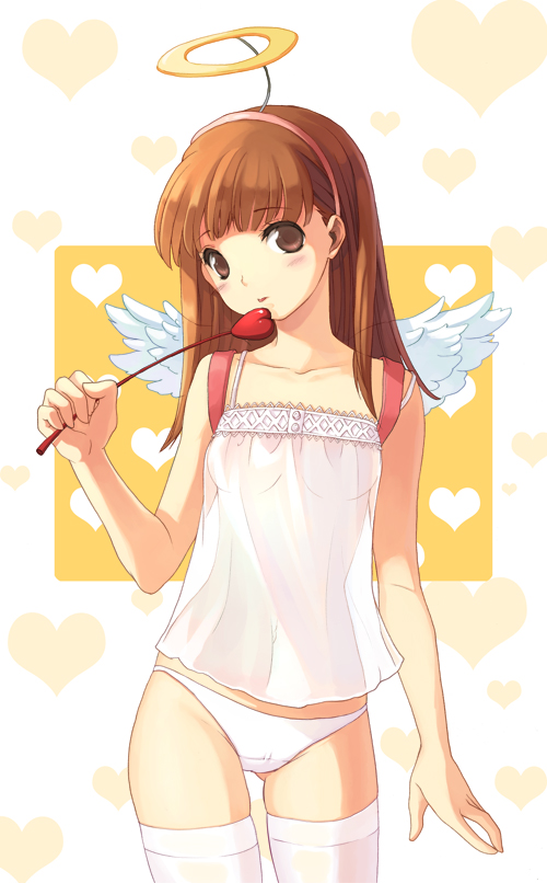 cuteg, original, 1girl, angel wings, brown eyes, brown hair, camisole, fake halo, fake wings, female focus, hairband, halo, heart, lingerie, long hair, panties, see-through clothes, solo, standing, thighhighs, underwear, white panties, white thighhighs, wings