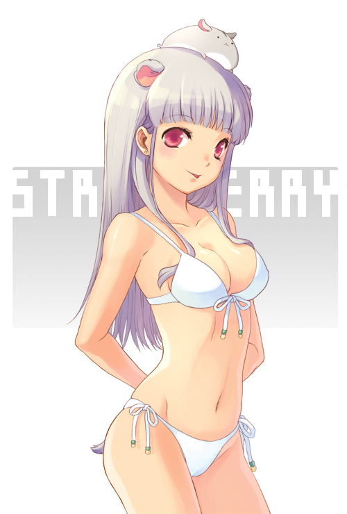 cuteg, 1girl, animal ears, bikini, blunt bangs, blush, breasts, collarbone, female focus, long hair, looking at viewer, navel, pink hair, red eyes, side-tie bikini bottom, smile, solo, swimsuit, white bikini