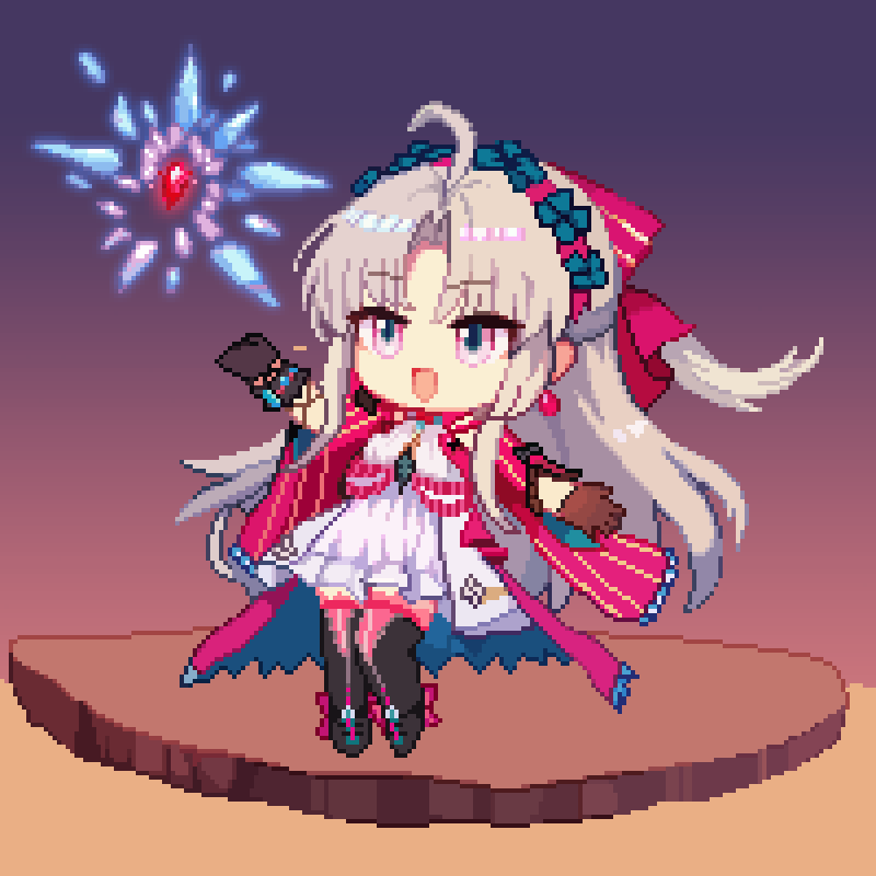 tinia etru, carlotta (wuthering waves), wuthering waves, commentary, 1girl, ahoge, black boots, black gloves, boots, bow, breasts, chibi, chibi only, crystal, dress, earrings, gloves, grey hair, hair bow, hairband, jacket, jewelry, long hair, pink bow, pink eyes, pink hairband, pink jacket, pink thighhighs, small breasts, solo, thigh boots, thighhighs, thighhighs under boots, white dress