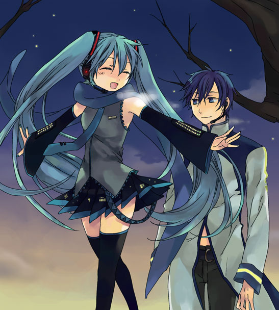 soysauce (pixiv47673), hatsune miku, kaito (vocaloid), vocaloid, bad id, bad pixiv id, 1boy, 1girl, aqua hair, bare tree, blue scarf, breath, closed eyes, long hair, outdoors, outstretched arms, scarf, sky, smile, spread arms, thighhighs, tree, twintails, very long hair