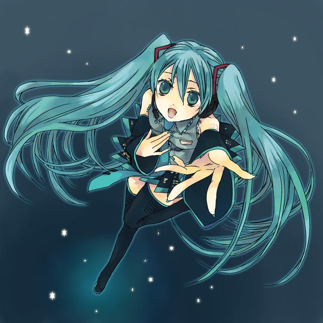 soysauce (pixiv47673), hatsune miku, vocaloid, bad id, bad pixiv id, aqua eyes, aqua hair, detached sleeves, headset, long hair, music, necktie, singing, solo, star (symbol), thighhighs, twintails, very long hair