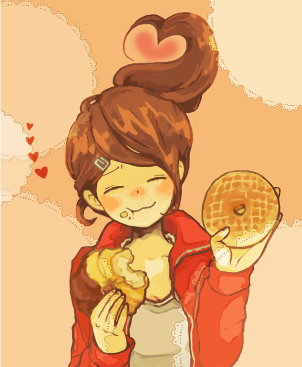 oppore, asahina aoi, danganronpa: trigger happy havoc, danganronpa (series), commentary request, 1girl, blush, brown hair, closed eyes, closed mouth, donut, eating, expressive hair, eyelashes, food, food on face, hair ornament, hairclip, heart, holding, holding donut, holding food, jacket, long sleeves, open clothes, open jacket, ponytail, red jacket, shirt, smile, solo, upper body, white shirt