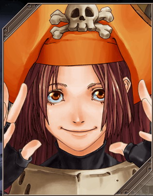 hino shinnosuke, may (guilty gear), arc system works, guilty gear, guilty gear xx, screencap, lowres, non-web source, official art, 1girl, brown eyes, brown hair, closed mouth, female focus, hat, hat ornament, long hair, looking at viewer, orange hat, pirate, portrait, skull and crossbones, skull hat ornament, smile, solo