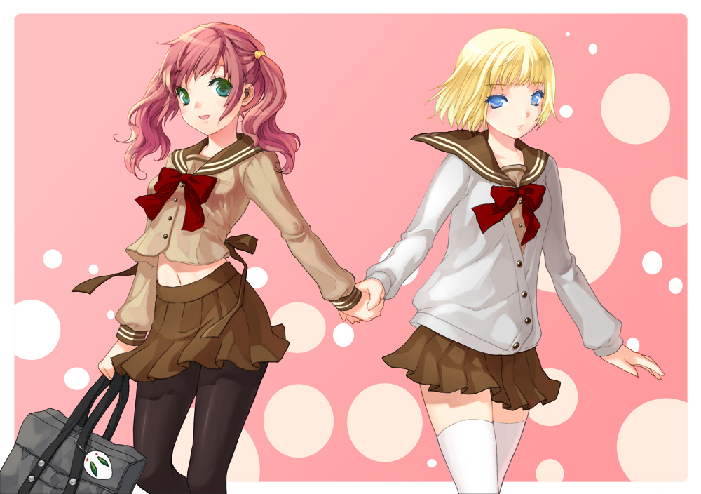 cuteg, 2girls, blonde hair, blue eyes, green eyes, holding hands, multiple girls, pantyhose, pink hair, school uniform, serafuku, thighhighs, zettai ryouiki