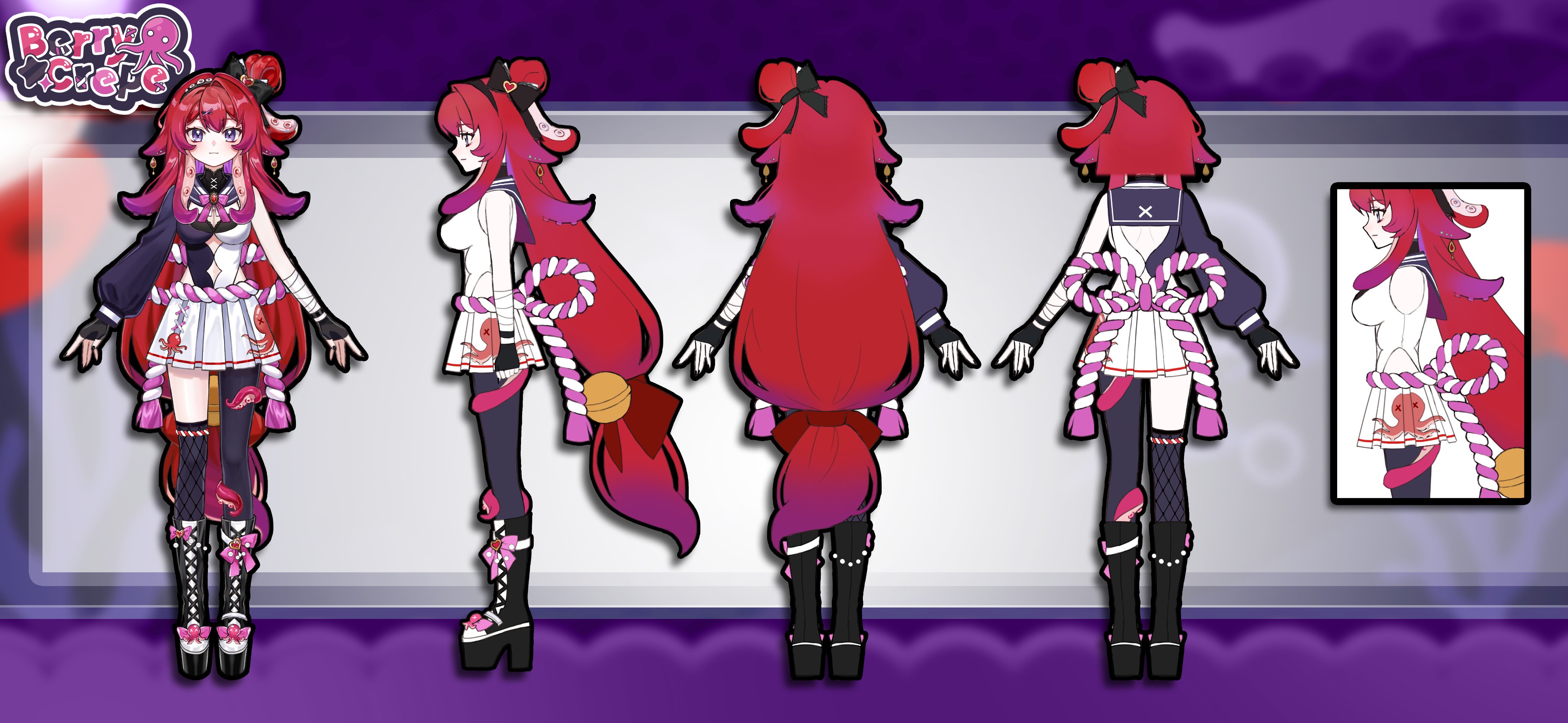 indie virtual youtuber, absurdres, highres, 1girl, bandaged arm, bandages, bare shoulders, bell, berrycrepe, black bow, black gloves, black sailor collar, boots, bow, breasts, character name, clothing cutout, earrings, fingerless gloves, footwear bow, full body, gloves, hair bell, hair between eyes, hair bow, hair ornament, jewelry, kenkenmo6, long hair, octopus, pantyhose, pink bow, platform boots, purple eyes, red bow, red hair, reference sheet, rope, sailor collar, shimenawa, sidelocks, sleeveless, smile, suction cups, tentacle hair, tentacles, very long hair, virtual youtuber, x hair ornament