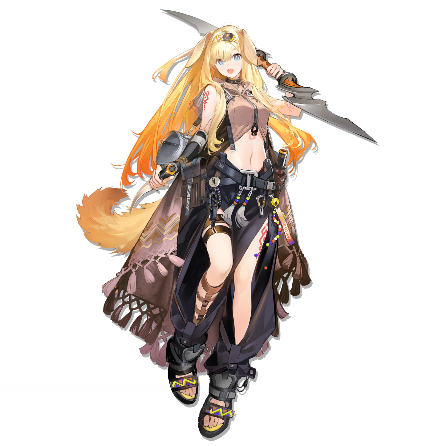 yukuso (dabiandang), brigid (arknights), arknights, highres, official art, third-party source, 1girl, animal ears, bag, bare shoulders, belt, belt pouch, blonde hair, blue eyes, boomerang, clothing cutout, dog ears, dog girl, dog tail, floppy ears, full body, gradient hair, hairband, holding, holding knife, holding weapon, hood, hood down, hooded jacket, jacket, knife, leg cutout, long hair, midriff, multicolored hair, navel, open mouth, orange hair, platform sandals, pouch, red tattoo, sandals, shoulder tattoo, simple background, smile, solo, standing, stomach, tachi-e, tail, tassel, tattoo, thigh strap, toes, transparent background, weapon, zipper, zipper pull tab