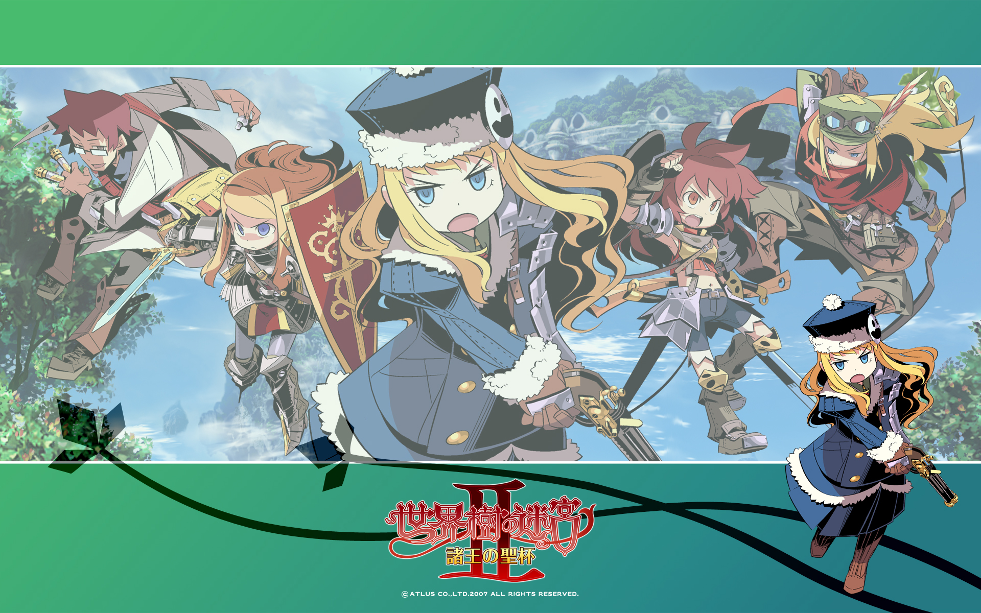 himukai yuuji, gunner (sekaiju), gunner 2 (sekaiju), jack frost (megami tensei), medic (sekaiju), medic 1 (sekaiju), paladin (sekaiju), paladin 2 (sekaiju), ranger (sekaiju), ranger 1 (sekaiju), swordsman (sekaiju), swordsman 2 (sekaiju), atlus, etrian odyssey, sekaiju no meikyuu, sekaiju no meikyuu 2, annotated, highres, official art, official wallpaper, 4girls, :d, :o, angry, arm up, armor, armpits, arrow (projectile), bag, bandages, belt, belt pouch, bike shorts, blonde hair, blue eyes, boots, bow (weapon), clenched hand, cloud, coat, crop top, day, everyone, fantasy, feathers, fighting stance, fingerless gloves, flat chest, frown, game, gauntlets, glasses, gloves, goggles, goggles on head, gradient background, greaves, gun, handgun, hat, holding, jumping, knee boots, lab coat, letterboxed, lineup, long hair, midriff, multiple girls, open mouth, outdoors, pink eyes, pink hair, pouch, satchel, scarf, sheath, shield, shin guards, short hair, sidelocks, sky, sleeves rolled up, smile, spiked hair, spread legs, standing, swept bangs, sword, tree, wavy hair, weapon