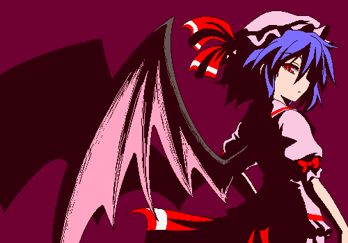 remilia scarlet, touhou, lowres, 1girl, female focus, hat, high contrast, oekaki, pink hat, simple background, solo, wings