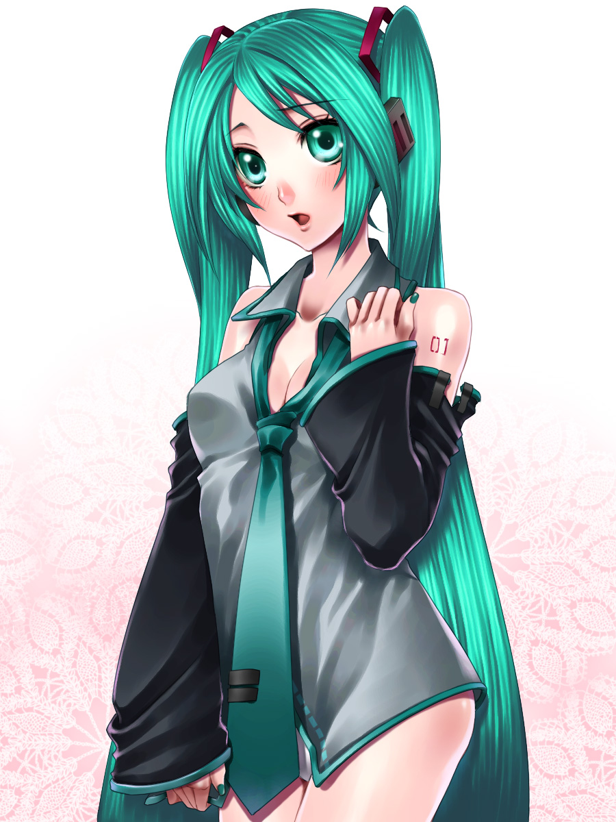minatsuki alumi, hatsune miku, vocaloid, highres, detached sleeves, green eyes, green hair, long hair, nail polish, necktie, panties, solo, twintails, underwear