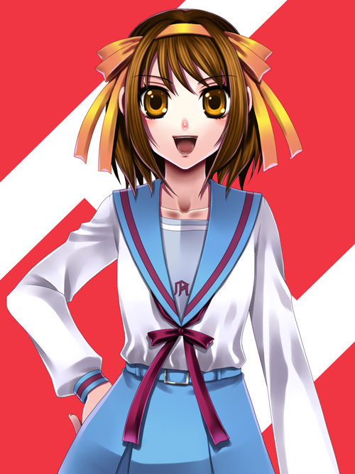 minatsuki alumi, suzumiya haruhi, suzumiya haruhi no yuuutsu, 00s, brown hair, hair ribbon, ribbon, school uniform, serafuku, short hair, solo