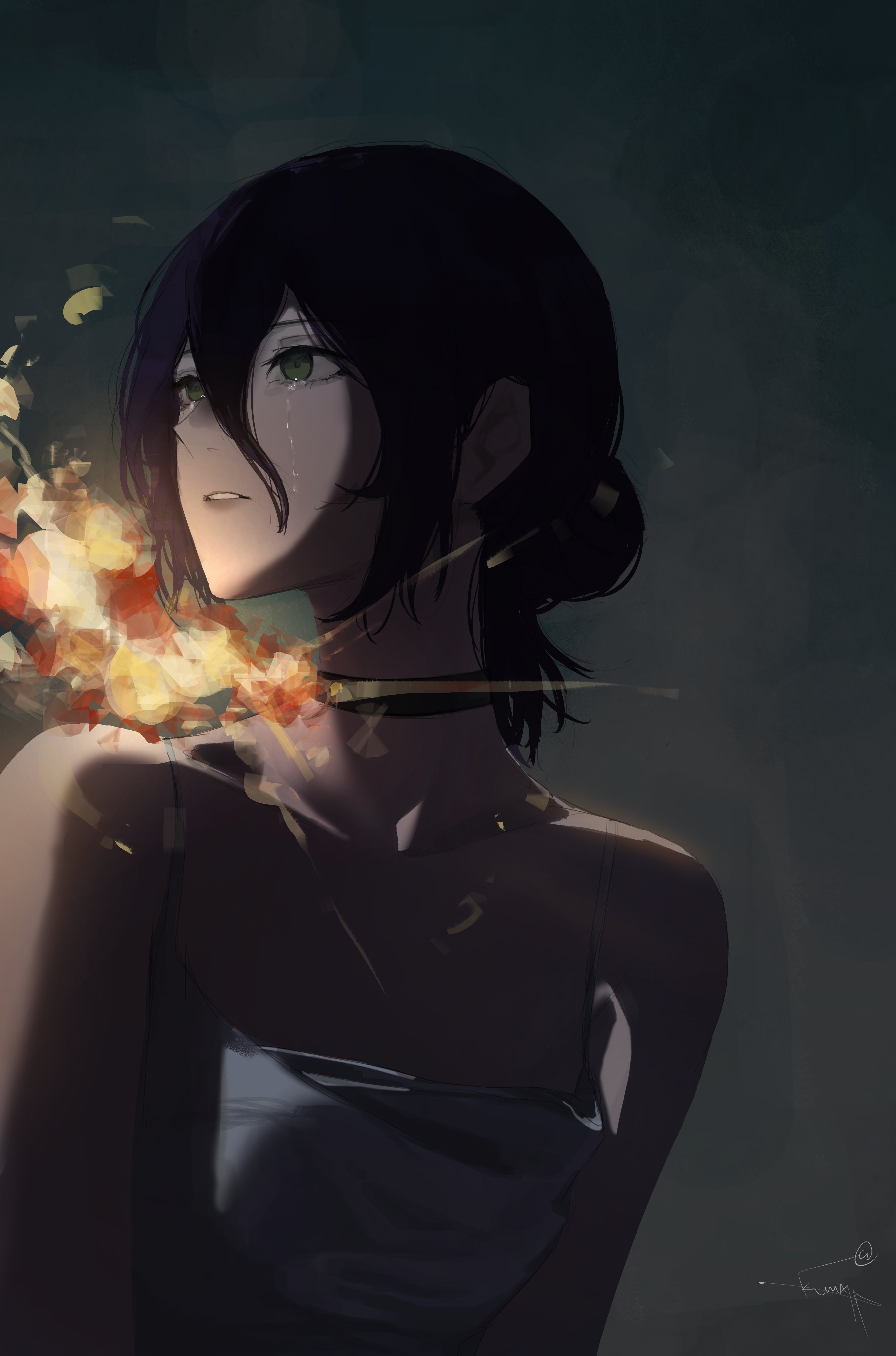 kumah dessu, reze (chainsaw man), chainsaw man, absurdres, commentary, english commentary, highres, 1girl, bare arms, bare shoulders, camisole, collar, collarbone, crying, dark background, explosion, green eyes, hair between eyes, hair bun, looking to the side, medium hair, parted lips, purple hair, sad, sidelighting, sidelocks, signature, simple background, solo, standing, tears, upper body, white camisole