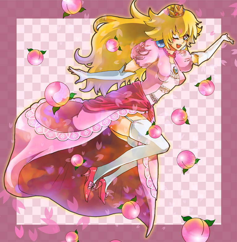 princess peach, mario (series), nintendo, 1girl, blonde hair, crown, dress, earrings, elbow gloves, female focus, food, fruit, gloves, hat, high heels, jewelry, peach, pink dress, shoes, solo, thighhighs