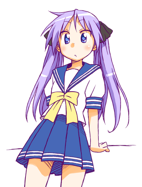 mikami komata, mikami konu, hiiragi kagami, lucky star, 00s, 1girl, :o, blue eyes, blue skirt, cowboy shot, expressionless, female focus, long hair, looking at viewer, neckerchief, parted lips, pleated skirt, purple eyes, sailor collar, school uniform, serafuku, shirt, simple background, skirt, solo, standing, thighs, twintails, white background, white shirt, wide-eyed