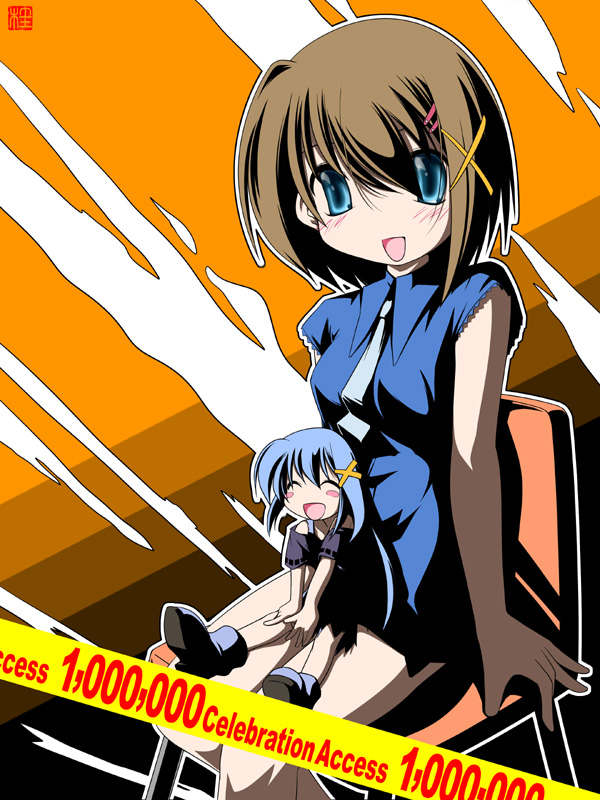 kei (fortune), reinforce zwei, yagami hayate, lyrical nanoha, mahou shoujo lyrical nanoha, mahou shoujo lyrical nanoha strikers, 00s, 2girls, :d, bare shoulders, blue dress, blue eyes, blush, brown hair, dress, hair ornament, looking at viewer, milestone celebration, mini person, minigirl, multiple girls, on lap, open mouth, sitting, size difference, sleeveless, sleeveless dress, smile, tareme, text focus, x hair ornament